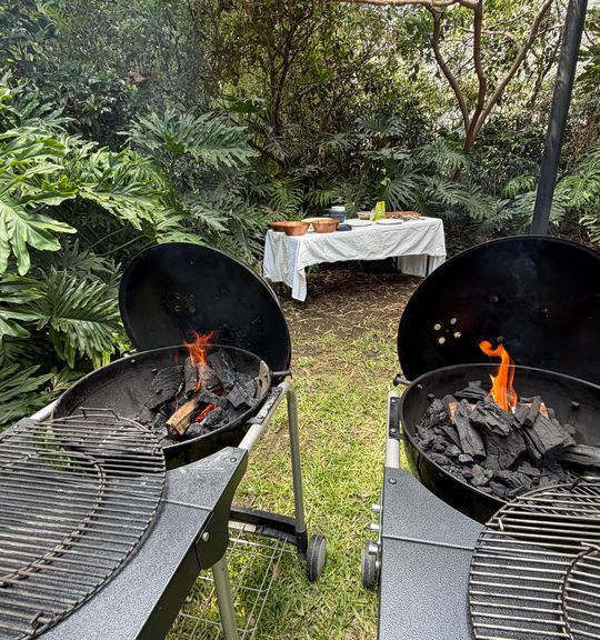 Dos asadores con fuego encendido en el jardín, con la mesa montada al fondo